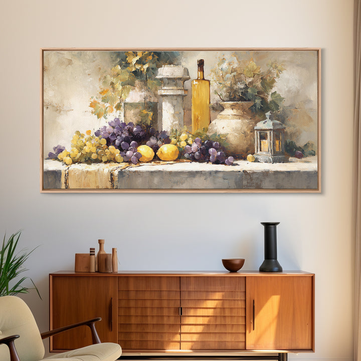 Grapes and Wine Still Life Canvas Print, French Country Art, Farmhouse Decor, Oil Painting, Country, Digital Wall Art, FCA-2x1-77