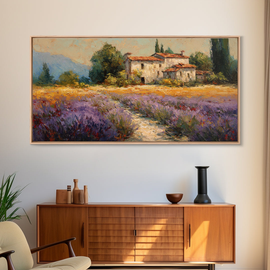 Lavender Field with Distant Stone Farmhouse Canvas Print, French Country Art, Minimalist Decor, Farmhouse Decor, Country, FCA-2x1-93