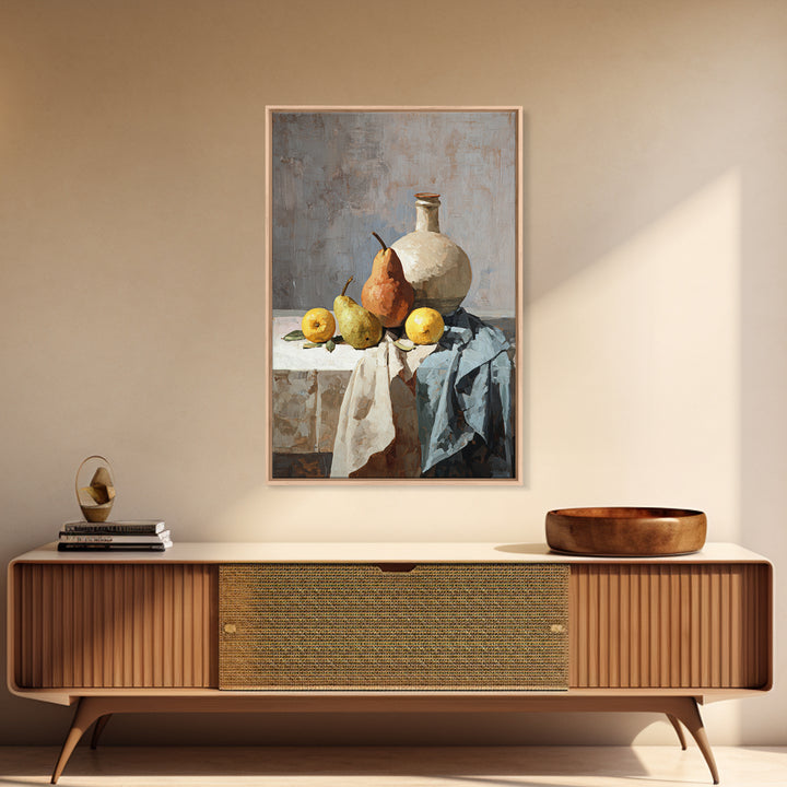 Pear Still Life on Linen Tablecloth Framed Canvas Print, French Country Art, Downloadable Art, Farmhouse Decor, Country, FCA-2x3-12