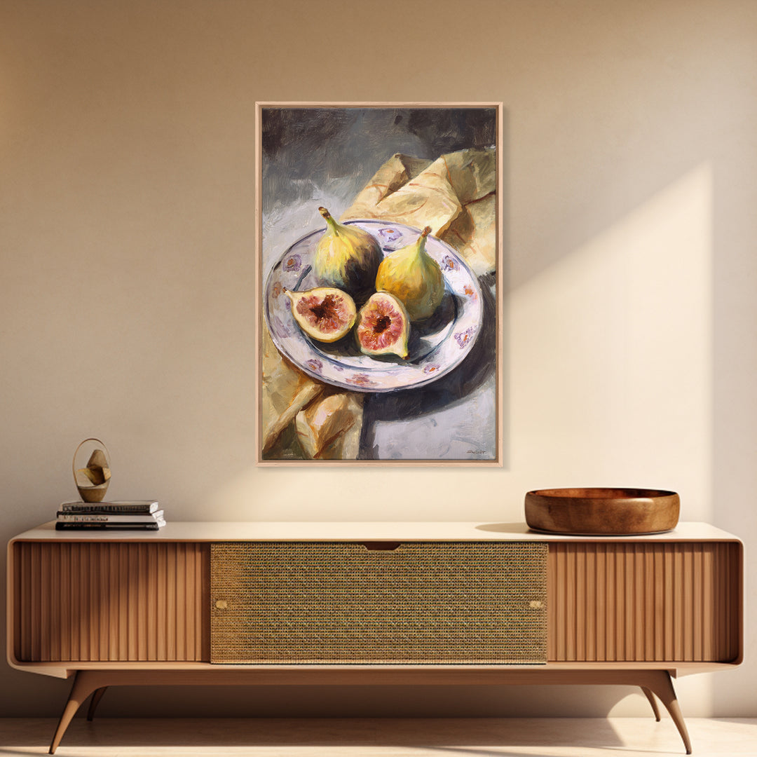 Figs on Ceramic Plate Framed Canvas Print, French Country Art, Digital Wall Art, Farmhouse Decor, Abstract Art, Country, FCA-2x3-24