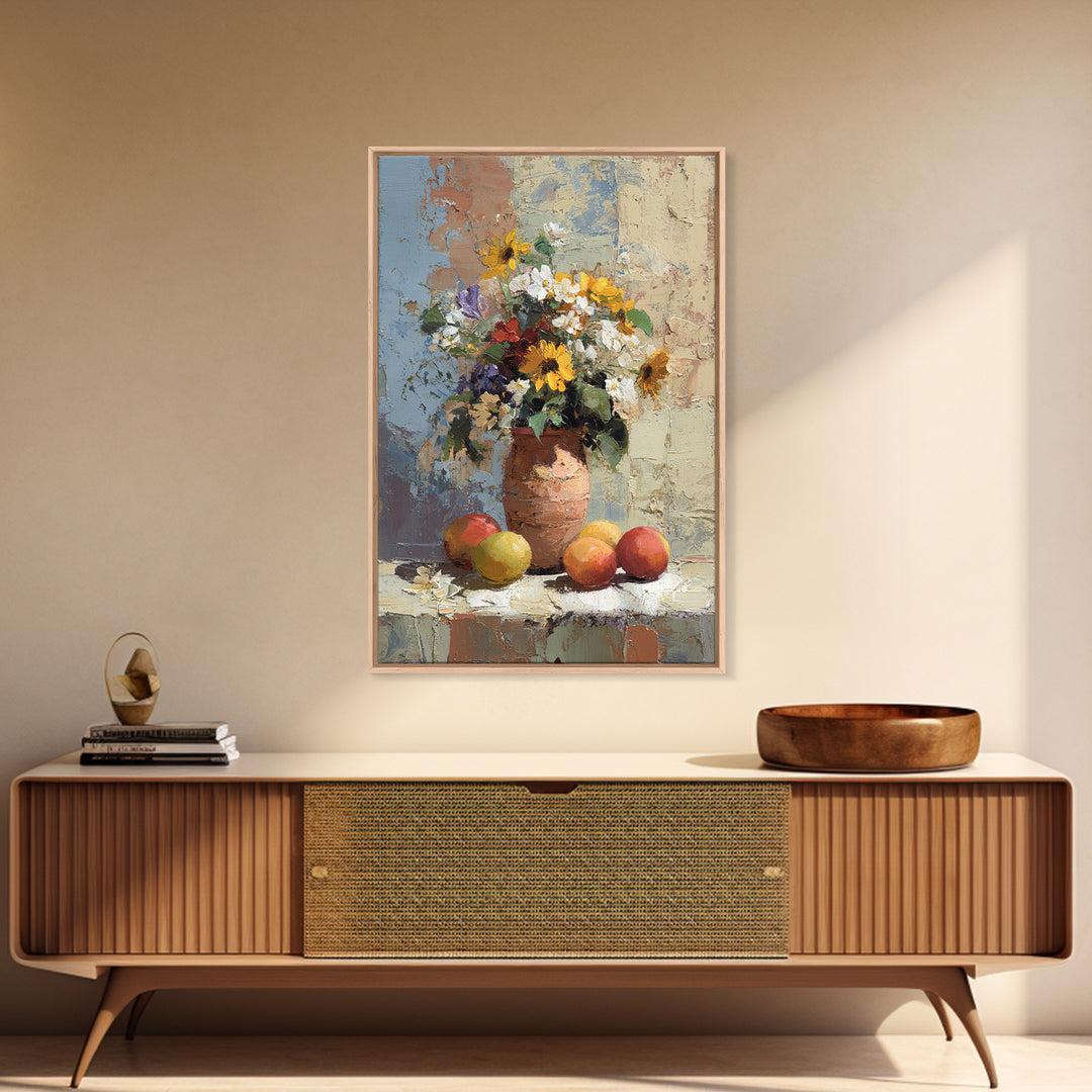 Basket of Fresh Peaches and Wildflowers Canvas Print, French Country Art, Textured Painting, Farmhouse Decor, Country, FCA-2x3-28