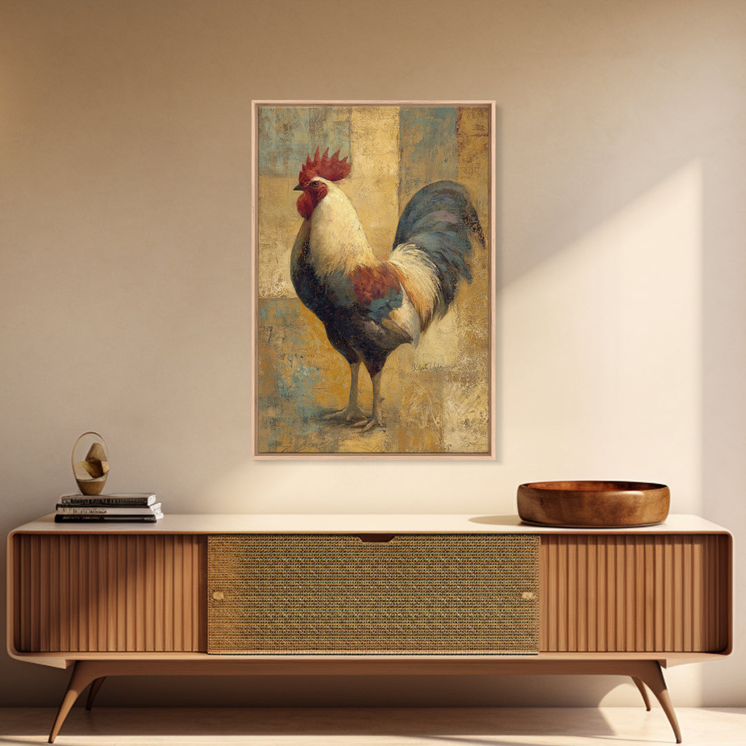 Rooster Portrait in Rustic French Palette Framed Canvas Print, French Country Art, Neutral Decor, Farmhouse Decor, Oil Painting, FCA-2x3-34