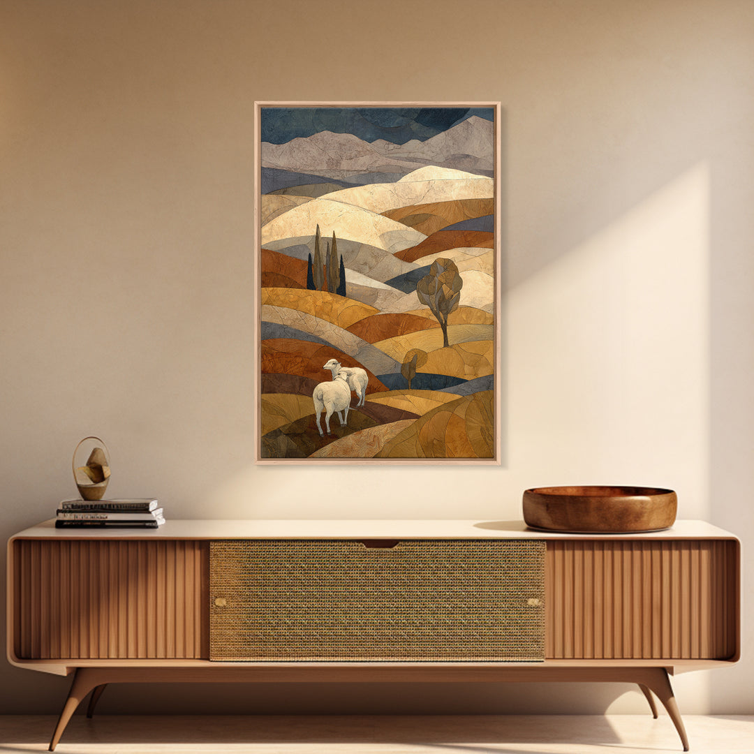 Pastoral Sheep in Rolling Countryside Framed Canvas Print, French Country Art, Home Decor, Farmhouse Decor, Fine Art, Country, FCA-2x3-46