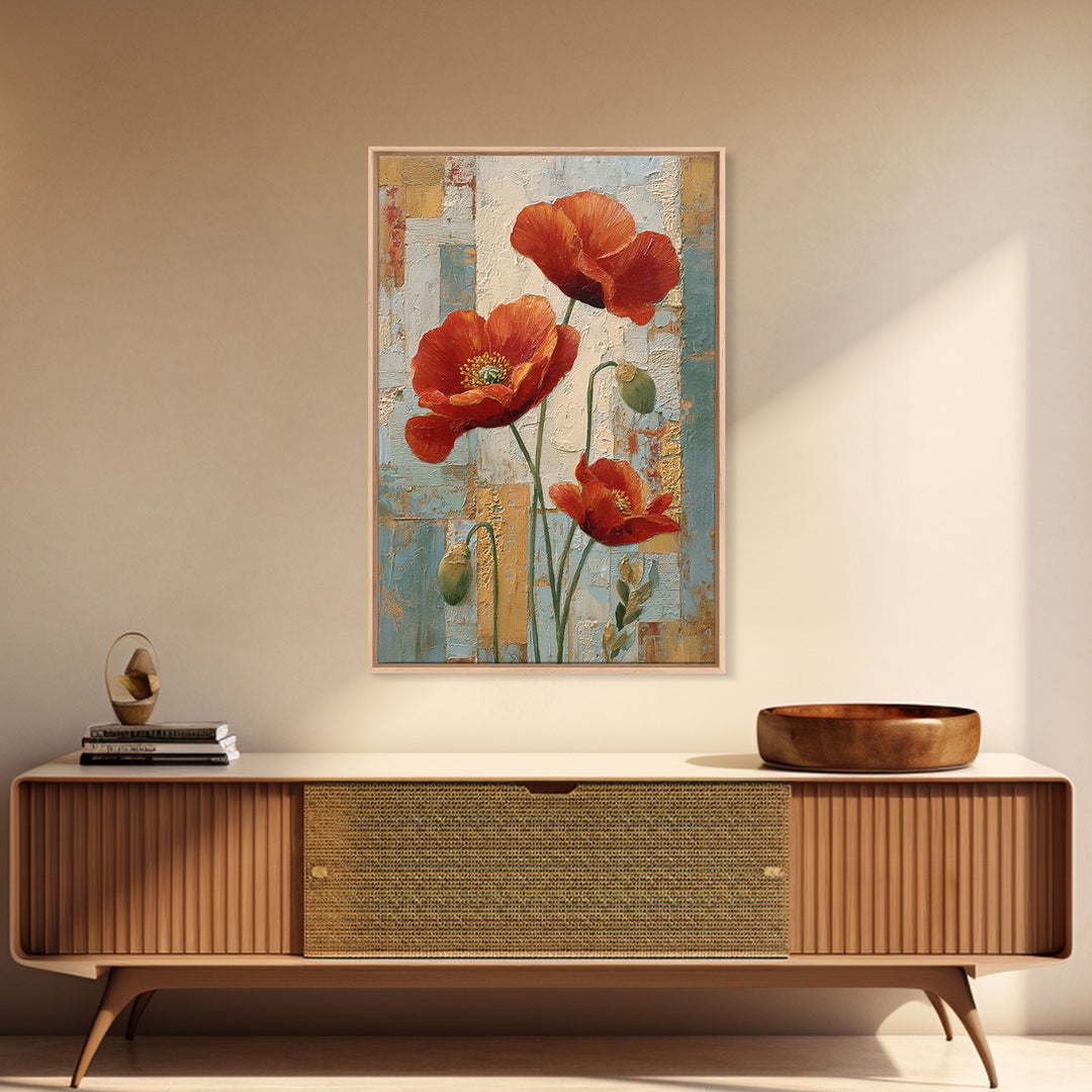 Poppies Beside a Stone Garden Wall Framed Canvas Print, French Country Art, French Country Decor, Farmhouse Decor, Country, FCA-2x3-47
