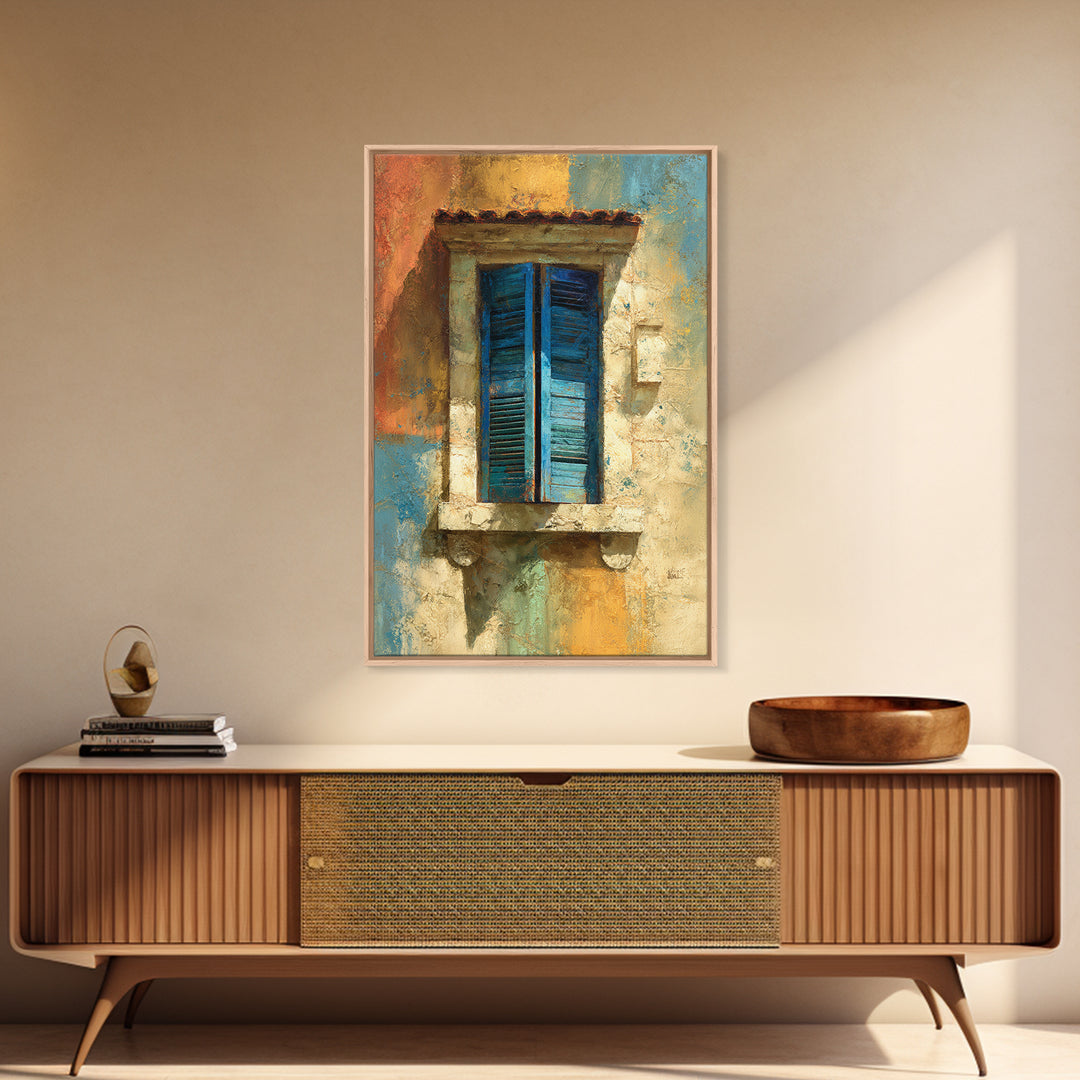 Weathered Window with Blue Shutters Framed Canvas Print, French Country Art, Boho Decor, Farmhouse Decor, Oil Painting, Country, FCA-2x3-53