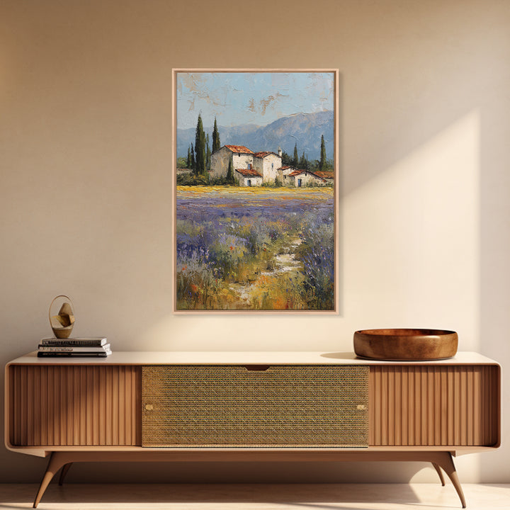 Lavender Field with Distant Stone Farmhouse Canvas Print, French Country Art, Minimalist Decor, Farmhouse Decor, Oil Painting, FCA-2x3-57