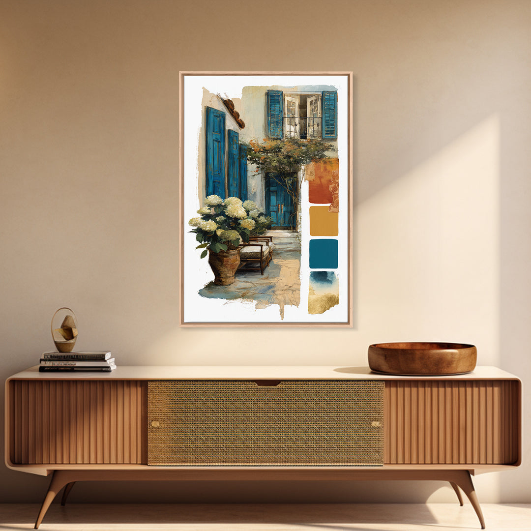 Soft Hydrangeas Beside Antique Shutters Framed Canvas Print, French Country Art, Eclectic Wall Art, Farmhouse Decor, Country, FCA-2x3-64