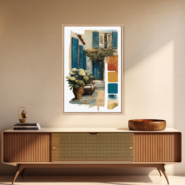 Soft Hydrangeas Beside Antique Shutters Framed Canvas Print, French Country Art, Eclectic Wall Art, Farmhouse Decor, Country, FCA-2x3-64