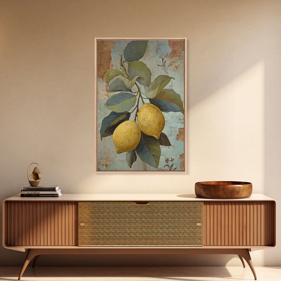 Aged Botanical Plate of Lemons and Leaves Framed Canvas Print, French Country Art, Modern Decor, Farmhouse Decor, Oil Painting, FCA-2x3-68