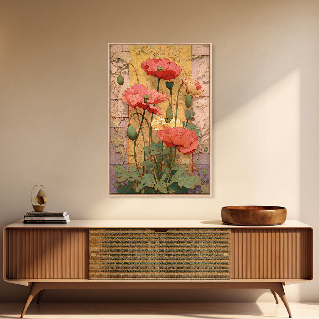Poppies Beside a Stone Garden Wall Canvas Print, French Country Art, Digital Download Art, Farmhouse Decor, Oil Painting, FCA-2x3-71