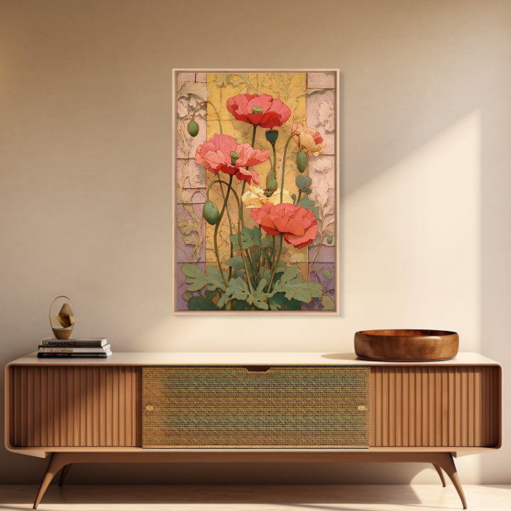 Poppies Beside a Stone Garden Wall Canvas Print, French Country Art, Digital Download Art, Farmhouse Decor, Oil Painting, FCA-2x3-71
