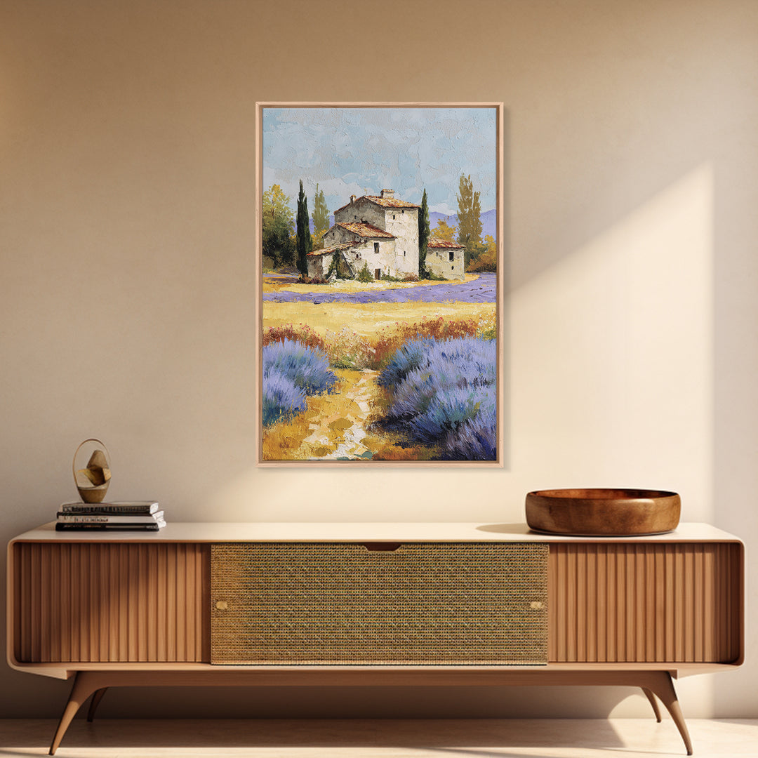 Lavender Field with Distant Stone Farmhouse Canvas Print, French Country Art, Minimalist Decor, Farmhouse Decor, Oil Painting, FCA-2x3-81
