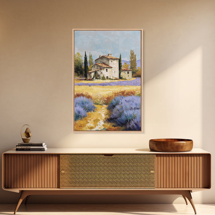 Lavender Field with Distant Stone Farmhouse Canvas Print, French Country Art, Minimalist Decor, Farmhouse Decor, Oil Painting, FCA-2x3-81