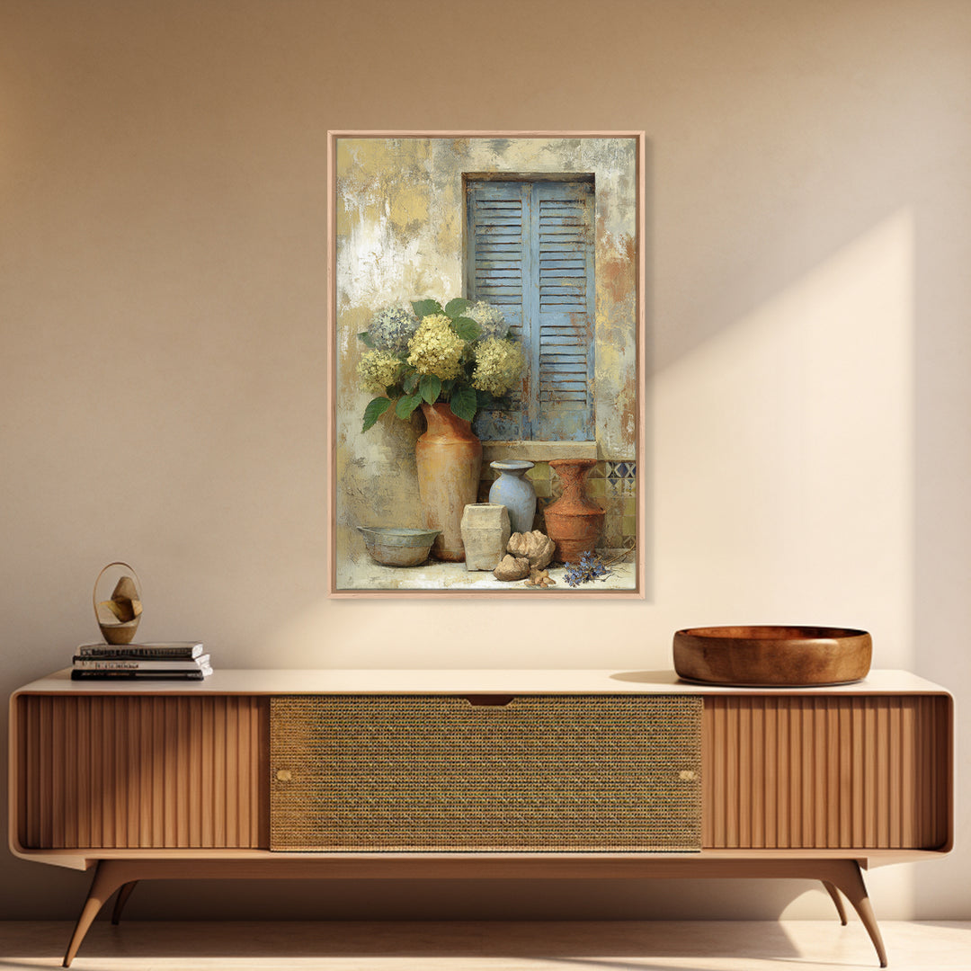 Soft Hydrangeas Beside Antique Shutters Framed Canvas Print, French Country Art, Neutral Decor, Farmhouse Decor, Country, FCA-2x3-88