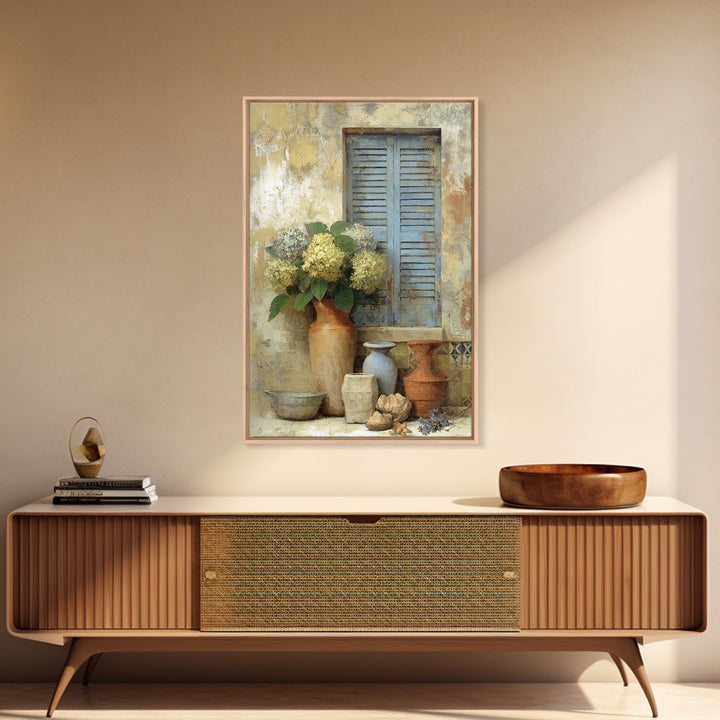 Soft Hydrangeas Beside Antique Shutters Framed Canvas Print, French Country Art, Neutral Decor, Farmhouse Decor, Country, FCA-2x3-88