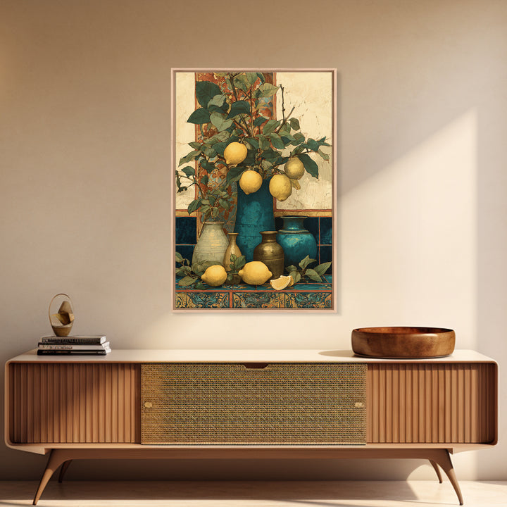 Aged Botanical Plate of Lemons and Leaves Framed Canvas Print, French Country Art, Farmhouse Decor, Fine Art, Country, FCA-2x3-92