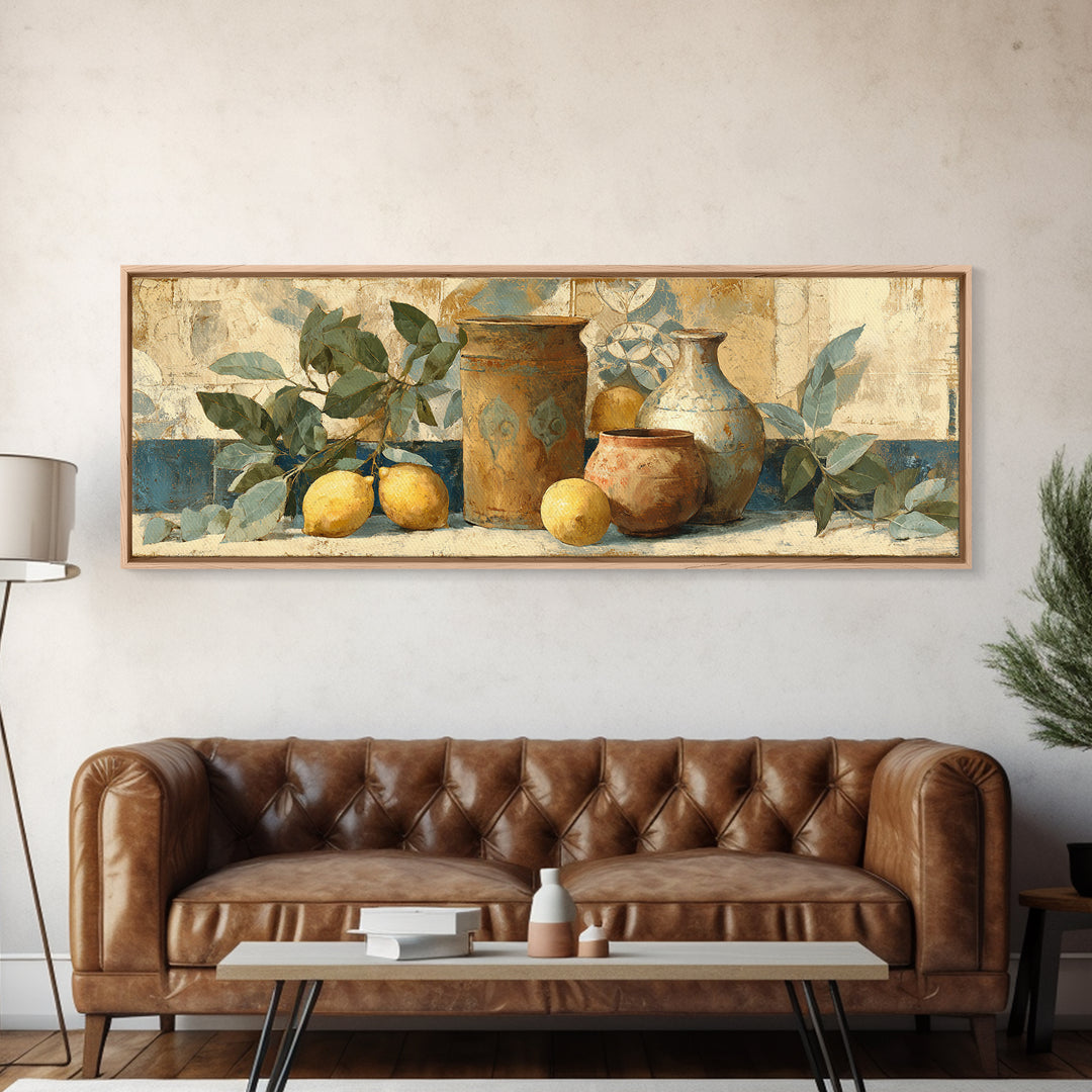 Aged Botanical Plate of Lemons and Leaves Canvas Print, French Country Art, Coastal Wall Art, Farmhouse Decor, Country, FCA-3x1-100