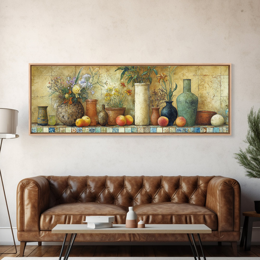 Basket of Fresh Peaches and Wildflowers Framed Canvas Print, French Country Art, Eclectic Wall Art, Farmhouse Decor, Country, FCA-3x1-12