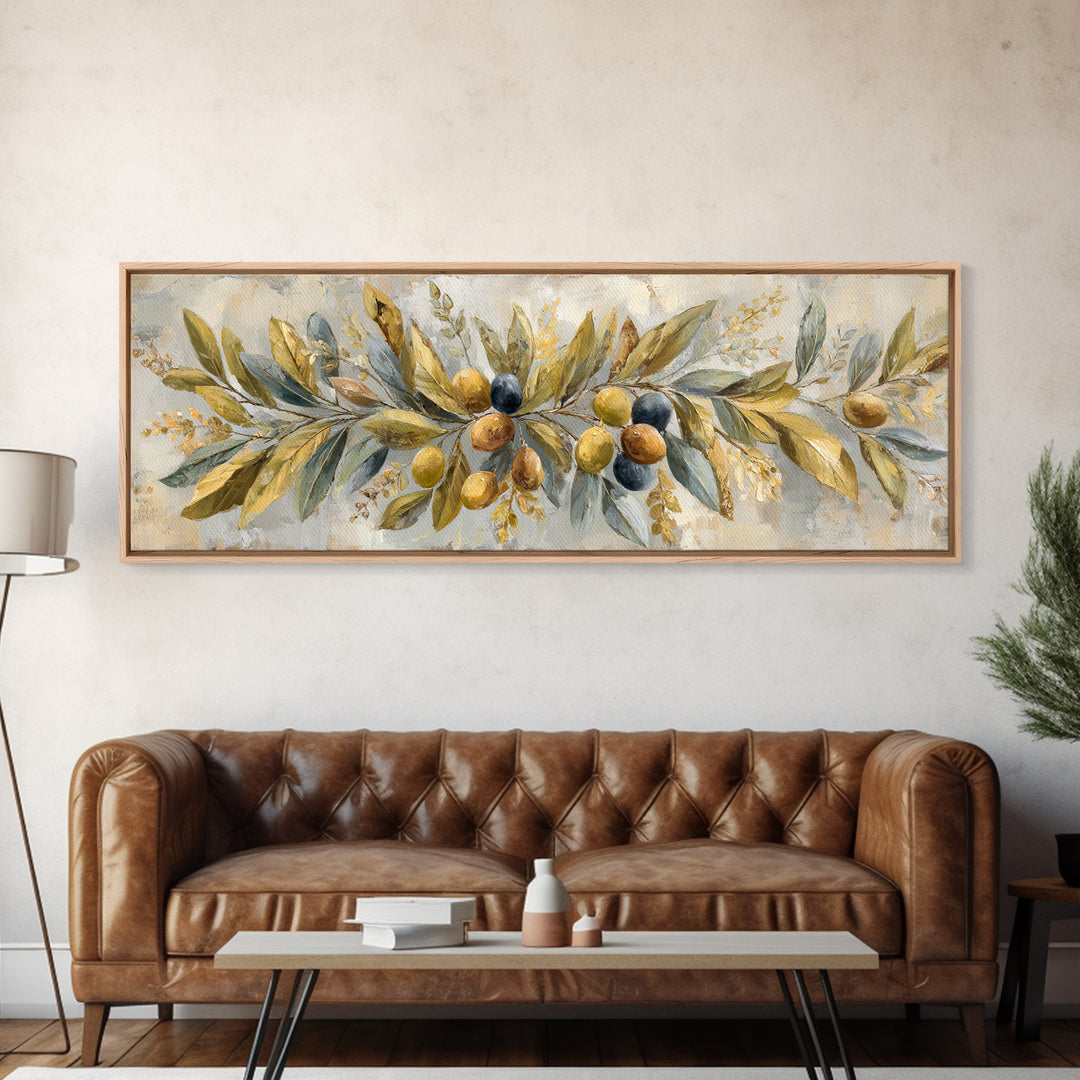 Olive Branch Wreath on Cream Ground Canvas Print, French Country Art, Landscape Painting, Farmhouse Decor, Watercolor Art, FCA-3x1-14