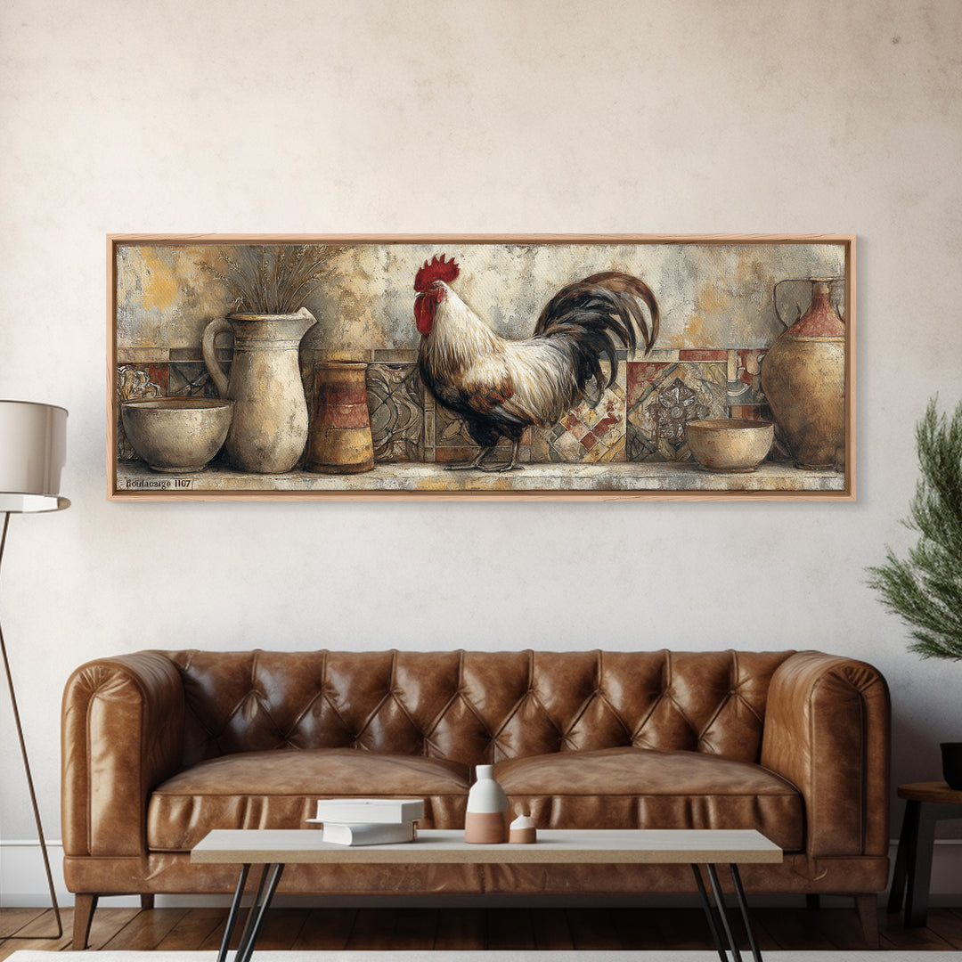Rooster Portrait in Rustic French Palette Framed Canvas Print, French Country Art, Contemporary Art, Farmhouse Decor, Country, FCA-3x1-18
