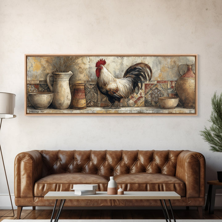 Rooster Portrait in Rustic French Palette Framed Canvas Print, French Country Art, Contemporary Art, Farmhouse Decor, Country, FCA-3x1-18