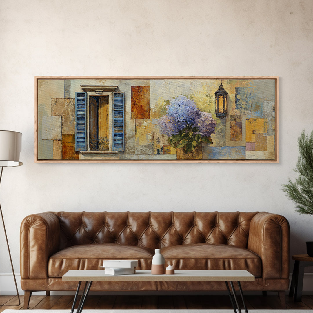 Soft Hydrangeas Beside Antique Shutters Canvas Print, French Country Art, Farmhouse Wall Art, Farmhouse Decor, Country, FCA-3x1-24