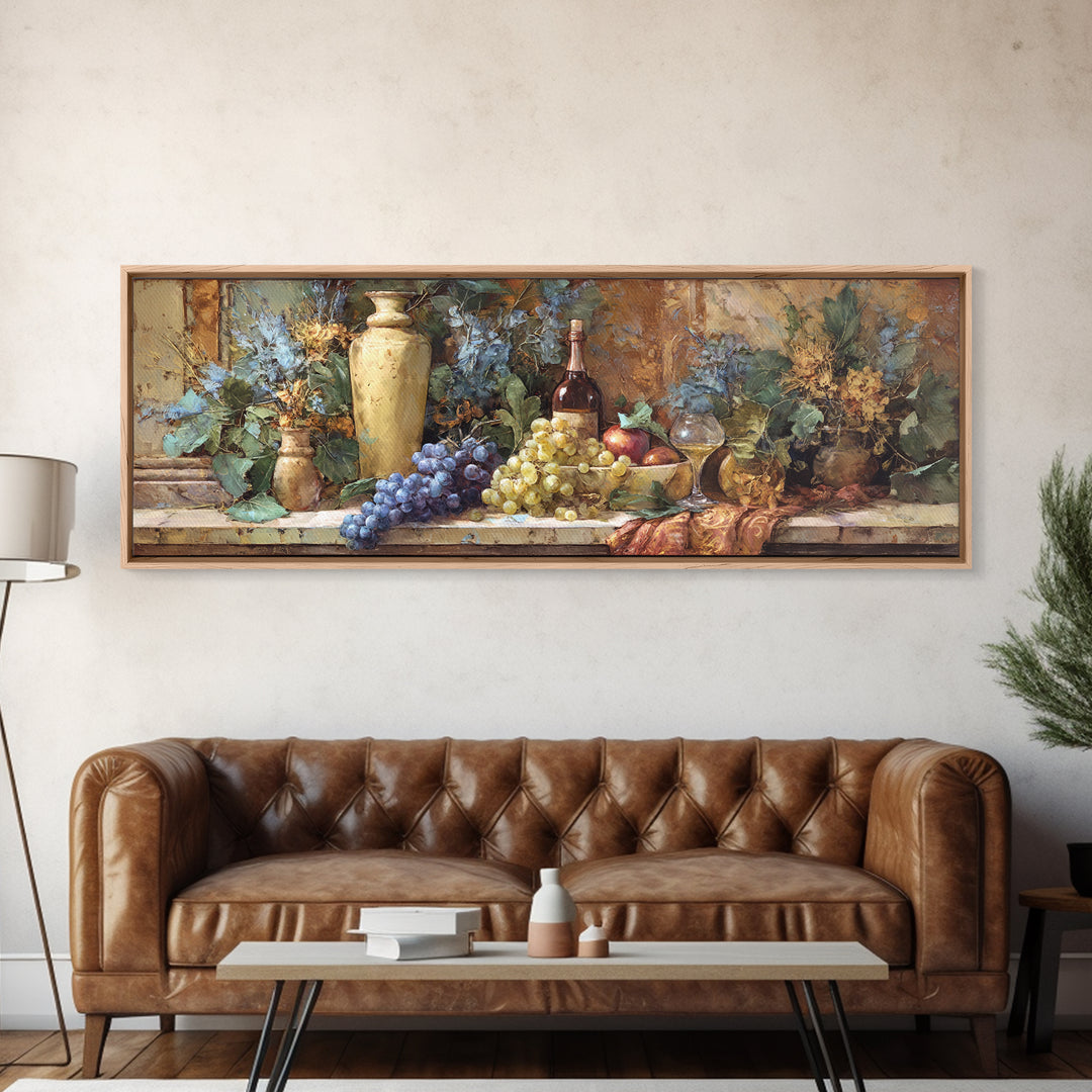 Grapes and Wine Still Life Canvas Print, French Country Art, Oil Painting, Farmhouse Decor, Abstract Art, Country, FCA-3x1-25