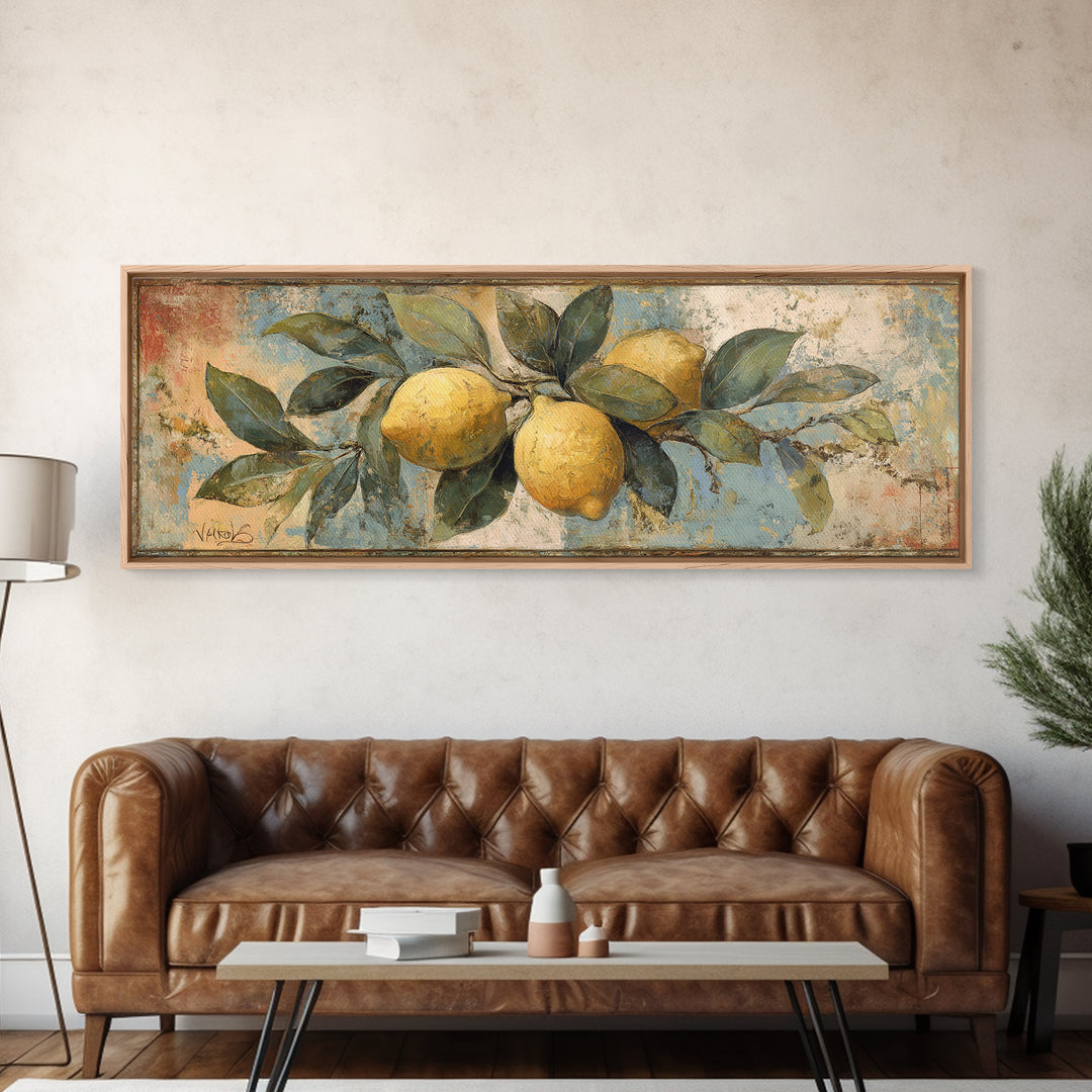 Aged Botanical Plate of Lemons and Leaves Canvas Print, French Country Art, Landscape Wall Art, Farmhouse Decor, Country, FCA-3x1-28