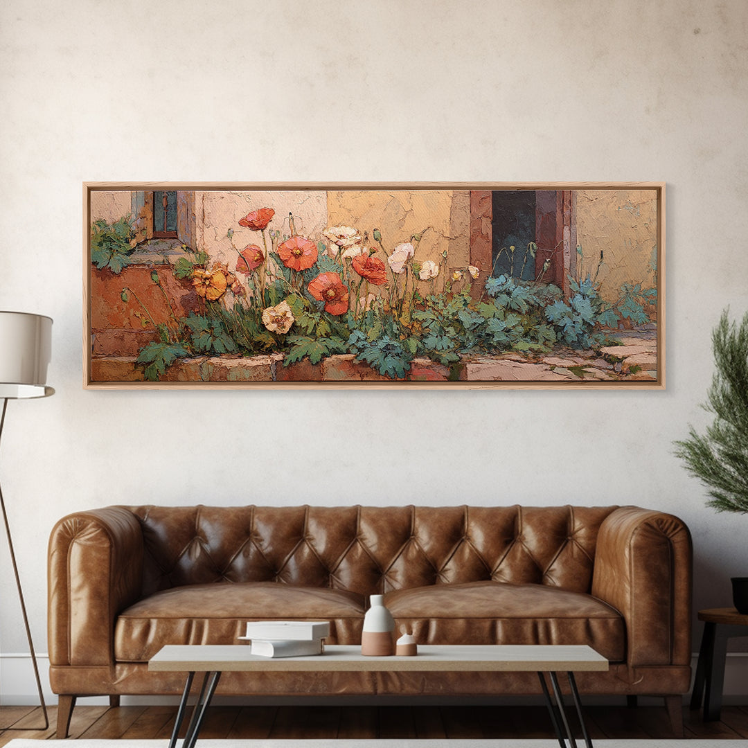 Poppies Beside a Stone Garden Wall Canvas Print, French Country Art, Gallery Decor, Farmhouse Decor, Fine Art, Country, FCA-3x1-31
