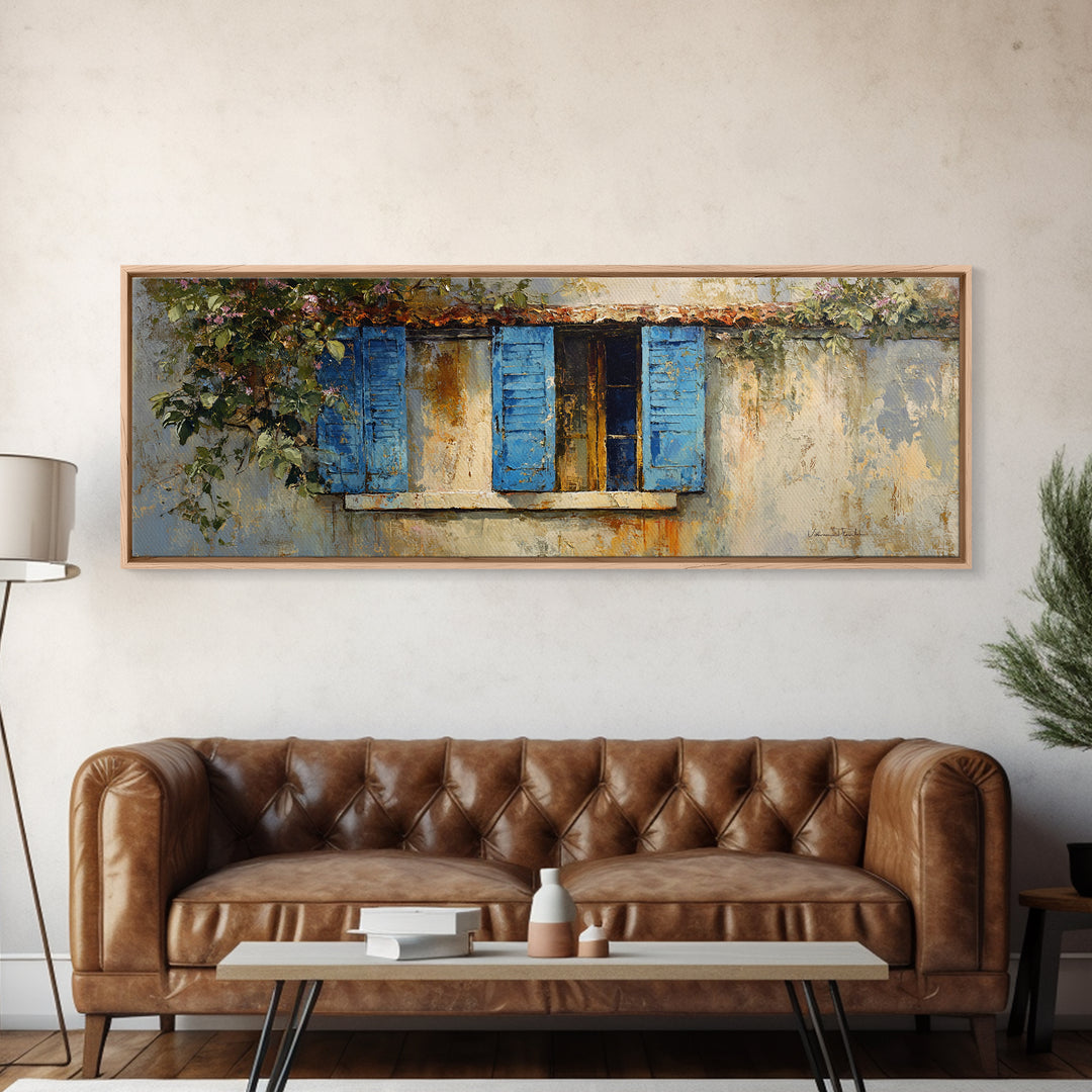 Weathered Window with Blue Shutters Framed Canvas Print, French Country Art, Digital Art, Farmhouse Decor, Watercolor Art, FCA-3x1-37