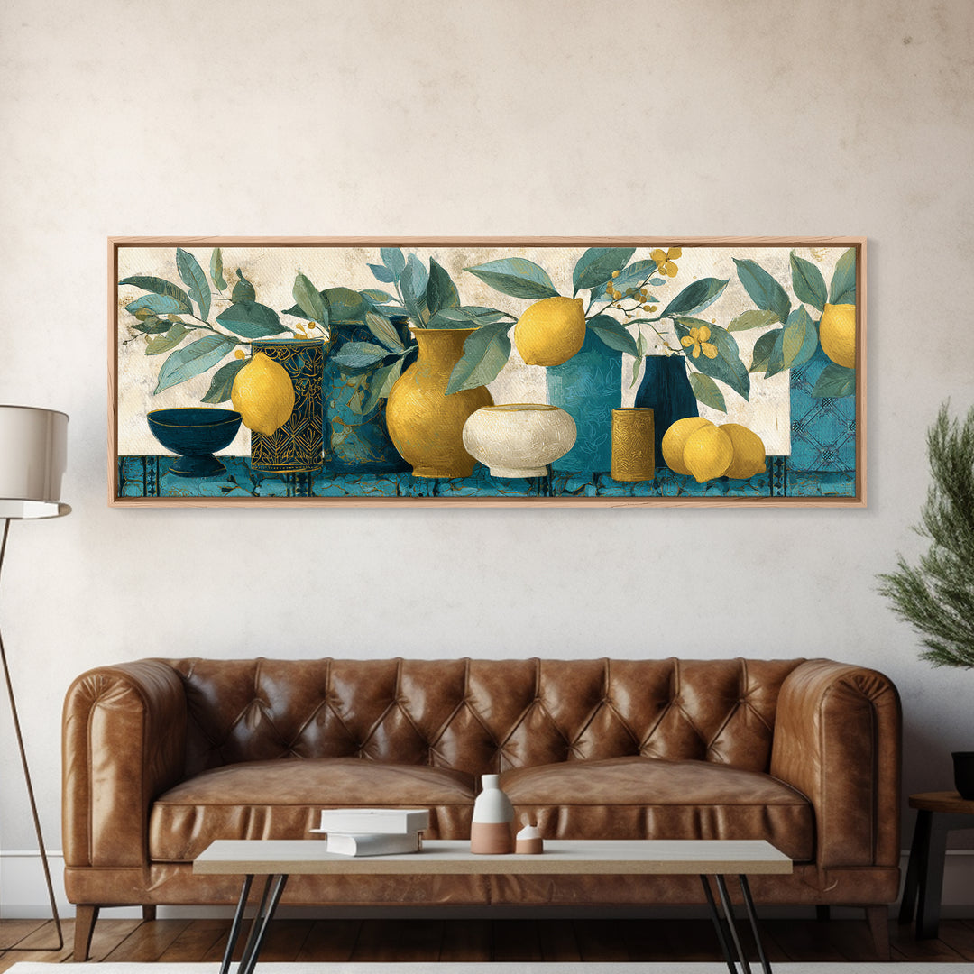 Aged Botanical Plate of Lemons and Leaves Canvas Print, French Country Art, Botanical Wall Art, Farmhouse Decor, Watercolor Art, FCA-3x1-4