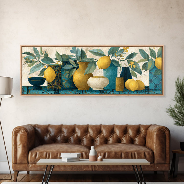 Aged Botanical Plate of Lemons and Leaves Canvas Print, French Country Art, Botanical Wall Art, Farmhouse Decor, Watercolor Art, FCA-3x1-4