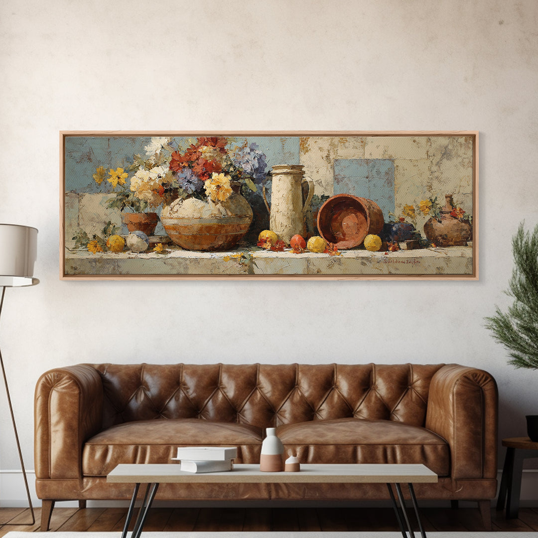 Antique Copper Pot and Flowers Still Life Canvas Print, French Country Art, Digital Download Art, Farmhouse Decor, Oil Painting, FCA-3x1-40