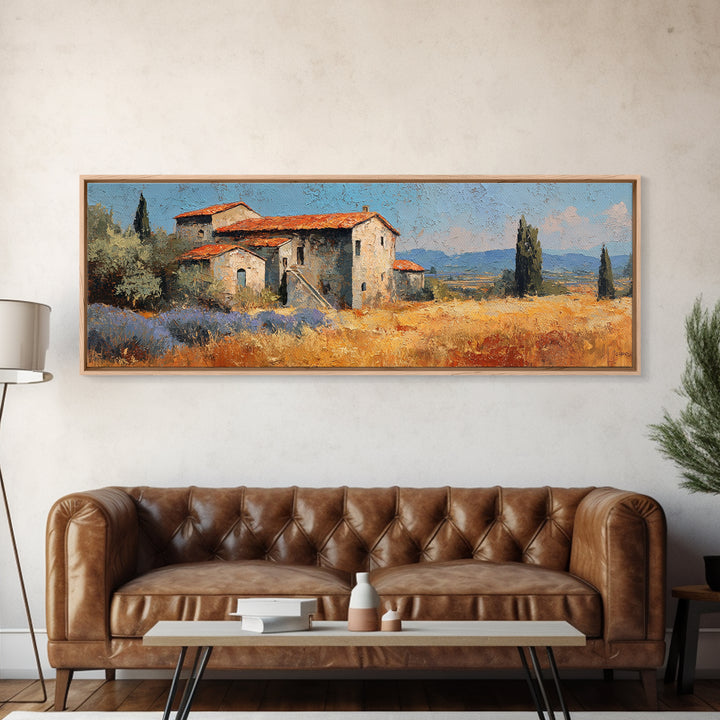 Lavender Field with Distant Stone Farmhouse Canvas Print, French Country Art, Printable Art, Farmhouse Decor, Watercolor Art, FCA-3x1-41