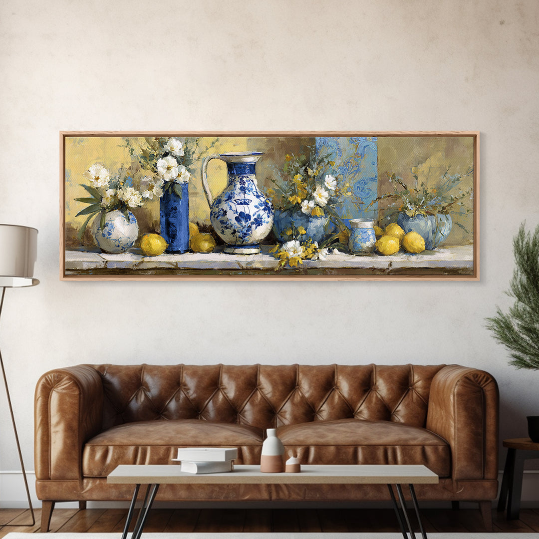 Blue and White Ceramic Pitcher Canvas Print, French Country Art, Art Print, Farmhouse Decor, Country, Digital Wall Art, FCA-3x1-43