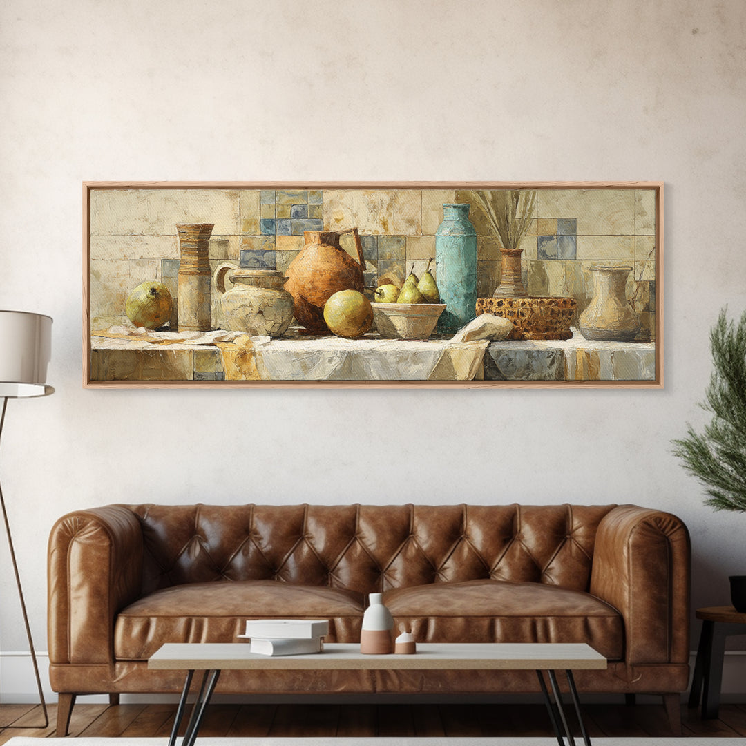 Pear Still Life on Linen Tablecloth Framed Canvas Print, French Country Art, Above Bed Art, Farmhouse Decor, Abstract Art, FCA-3x1-44