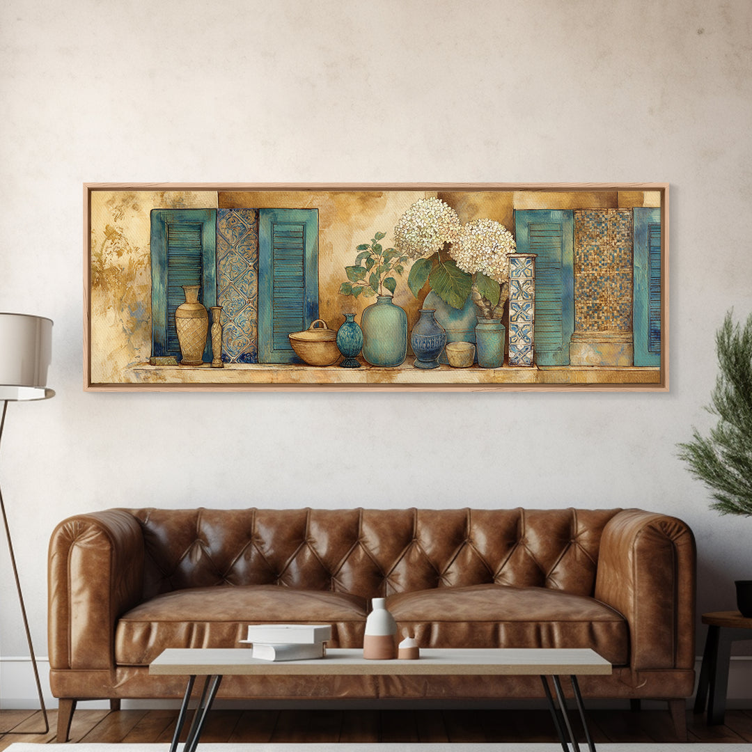 Soft Hydrangeas Beside Antique Shutters Canvas Print, French Country Art, Statement Artwork, Farmhouse Decor, Fine Art, Country, FCA-3x1-48
