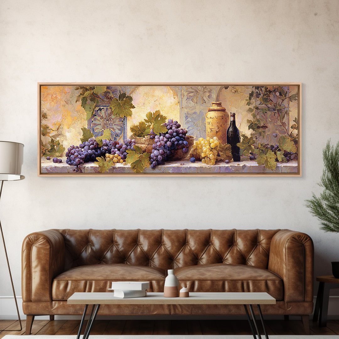 Grapes and Wine Still Life Canvas Print, French Country Art, Oil Painting, Farmhouse Decor, Abstract Art, Country, FCA-3x1-49