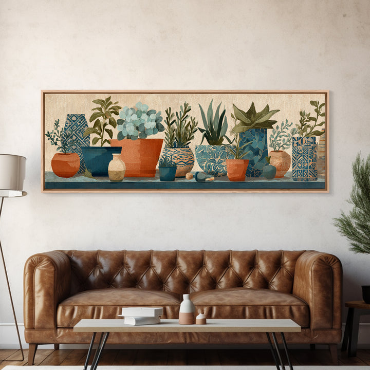 Terra Cotta Pots Framed Canvas Print, French Country Art, Textured Painting, Farmhouse Decor, Country, Home Decor Gift, FCA-3x1-51