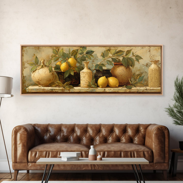 Aged Botanical Plate of Lemons and Leaves Framed Canvas Print, French Country Art, Boho Decor, Farmhouse Decor, Country, FCA-3x1-52