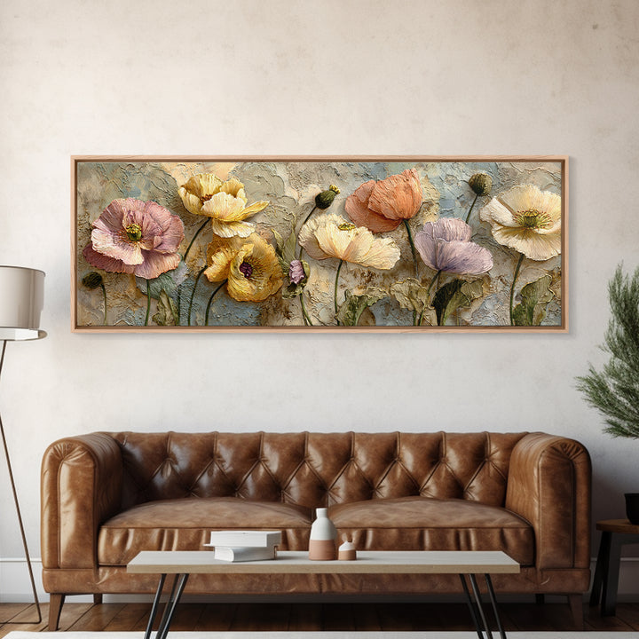 Poppies Beside a Stone Garden Wall Framed Canvas Print, French Country Art, Boho Decor, Farmhouse Decor, Oil Painting, Country, FCA-3x1-55