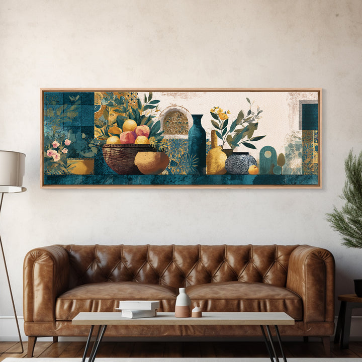 Basket of Fresh Peaches and Wildflowers Framed Canvas Print, French Country Art, Neutral Decor, Farmhouse Decor, Oil Painting, FCA-3x1-60