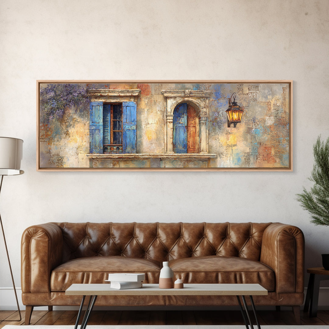 Weathered Window with Blue Shutters Canvas Print, French Country Art, Home Decor Gift, Farmhouse Decor, Oil Painting, Country, FCA-3x1-61