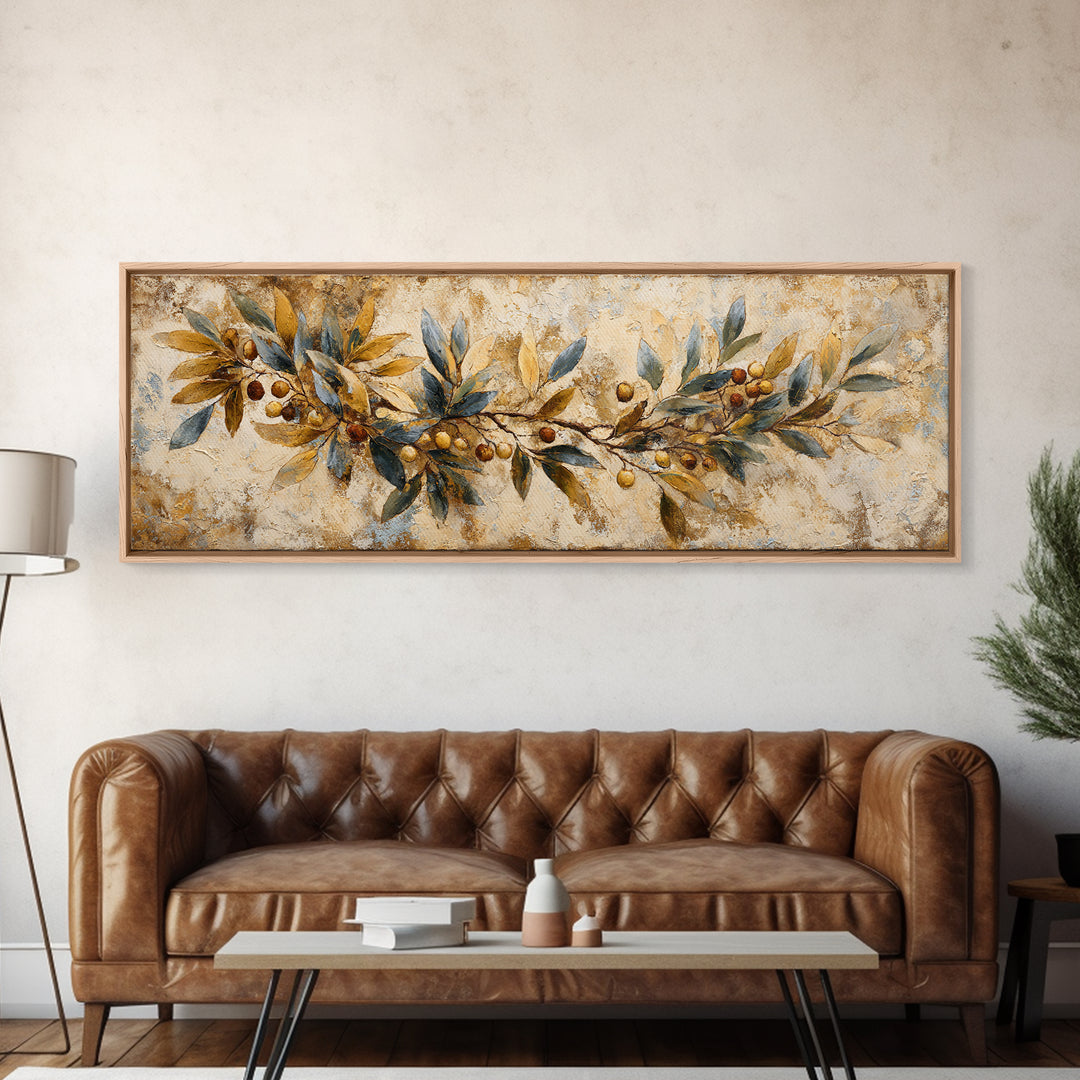 Olive Branch Wreath on Cream Ground Canvas Print, French Country Art, Landscape Painting, Farmhouse Decor, Fine Art, Country, FCA-3x1-62