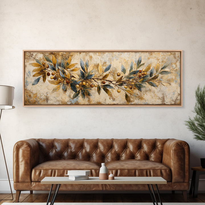Olive Branch Wreath on Cream Ground Canvas Print, French Country Art, Landscape Painting, Farmhouse Decor, Fine Art, Country, FCA-3x1-62