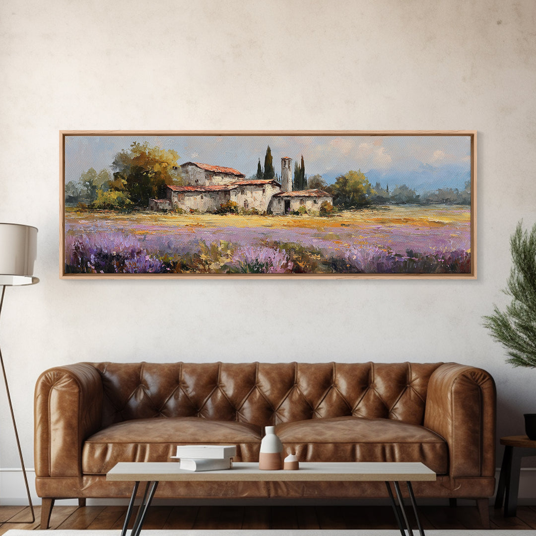 Lavender Field with Distant Stone Farmhouse Canvas Print, French Country Art, Printable Art, Farmhouse Decor, Watercolor Art, FCA-3x1-65