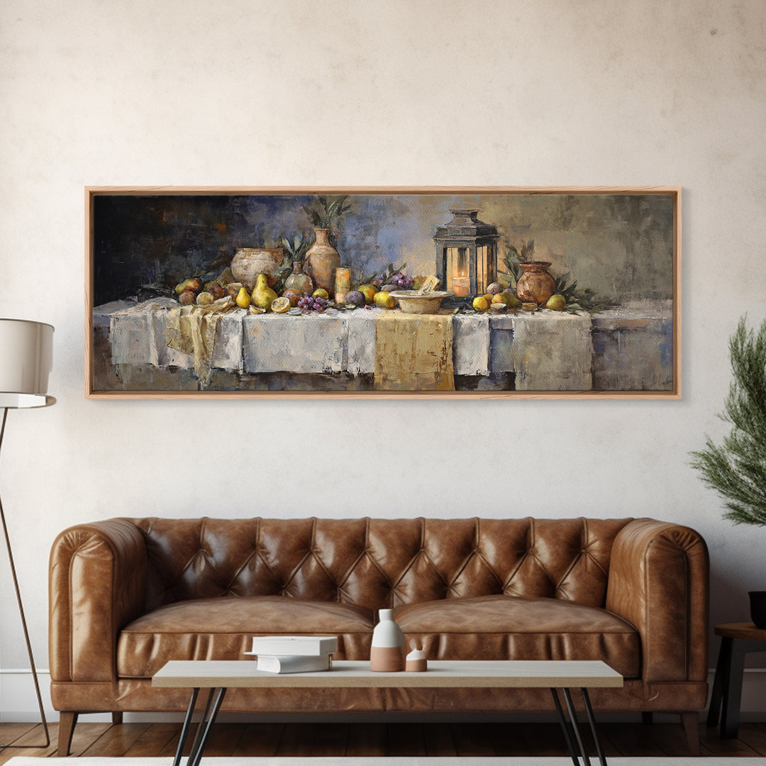 Pear Still Life on Linen Tablecloth Framed Canvas Print, French Country Art, Room Decor, Farmhouse Decor, Abstract Art, Country, FCA-3x1-68