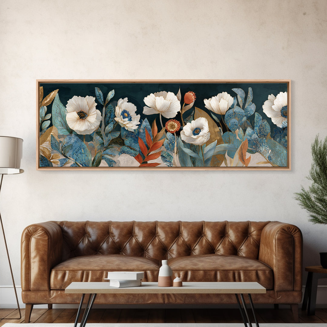 Poppies Beside a Stone Garden Wall Framed Canvas Print, French Country Art, Landscape Wall Art, Farmhouse Decor, Country, FCA-3x1-7