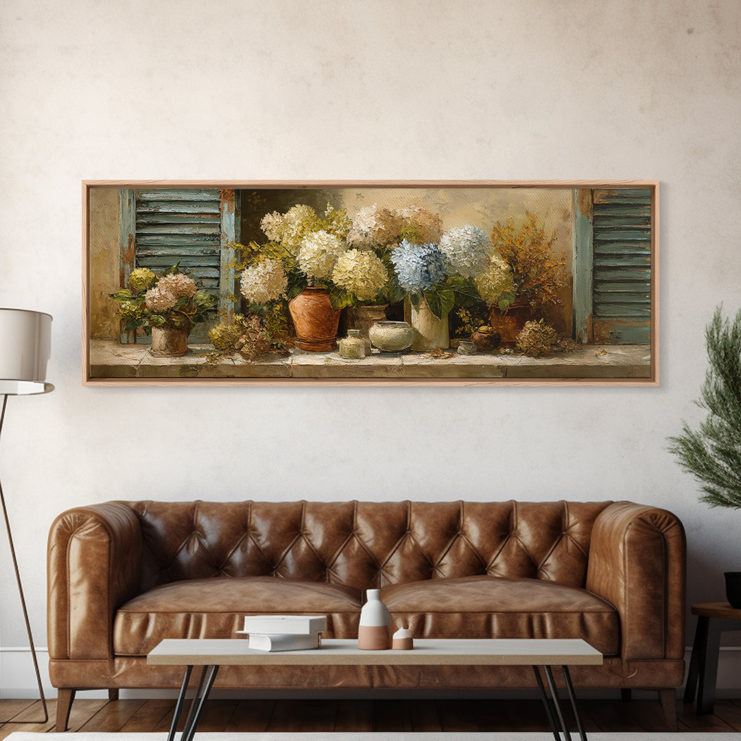 Soft Hydrangeas Beside Antique Shutters Framed Canvas Print, French Country Art, Textured Painting, Farmhouse Decor, Country, FCA-3x1-72