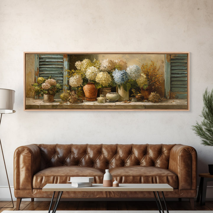 Soft Hydrangeas Beside Antique Shutters Framed Canvas Print, French Country Art, Textured Painting, Farmhouse Decor, Country, FCA-3x1-72